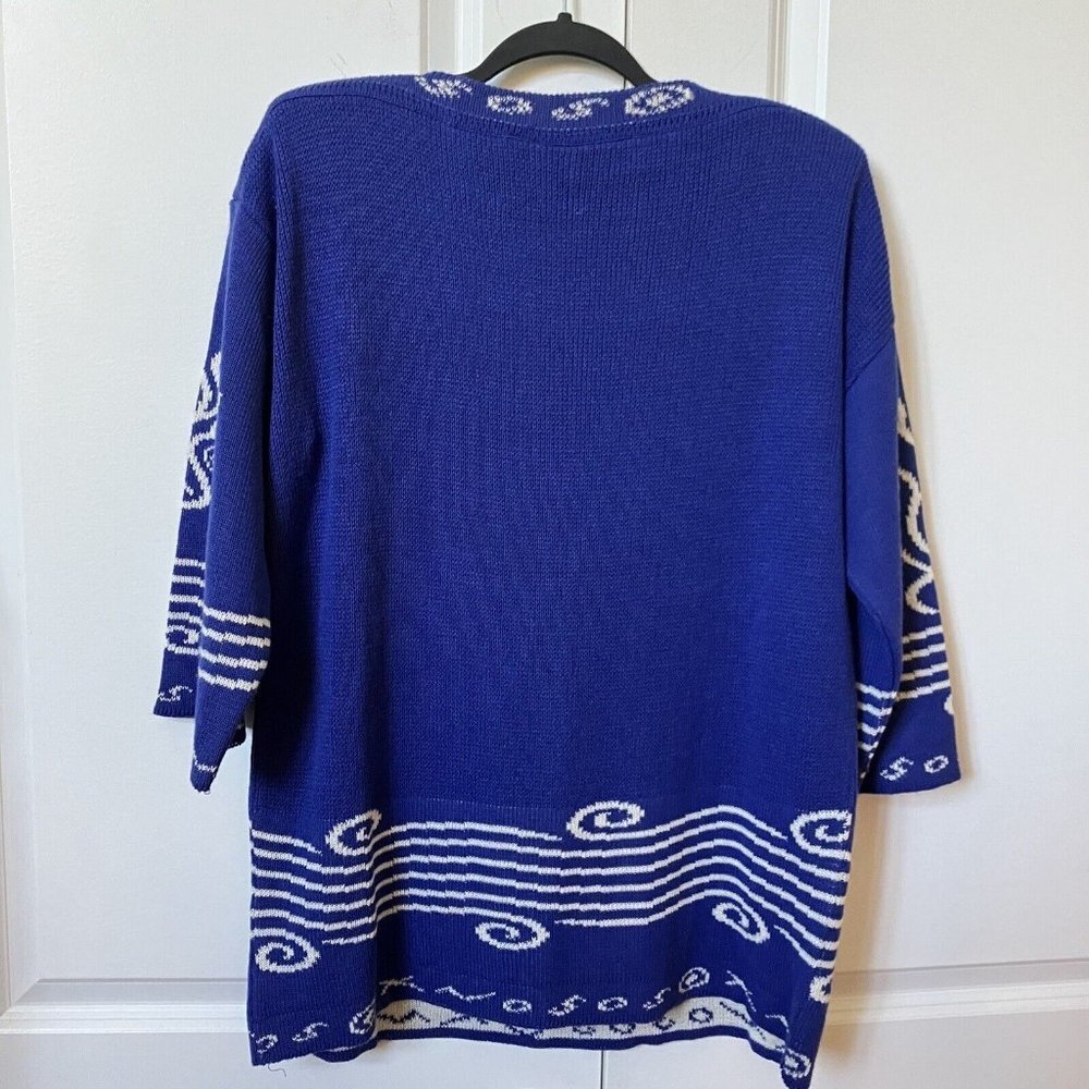 Vintage 80s Helen Knits Greek Blue Line Drawing 3/4 Sleeve Boatneck Sweater - Picture 6 of 6